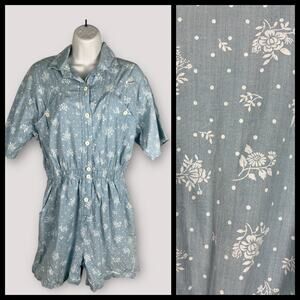 VTG 90s Dreams Floral Romper Elastic Waist Button Chambray Cottagecore Petite LG